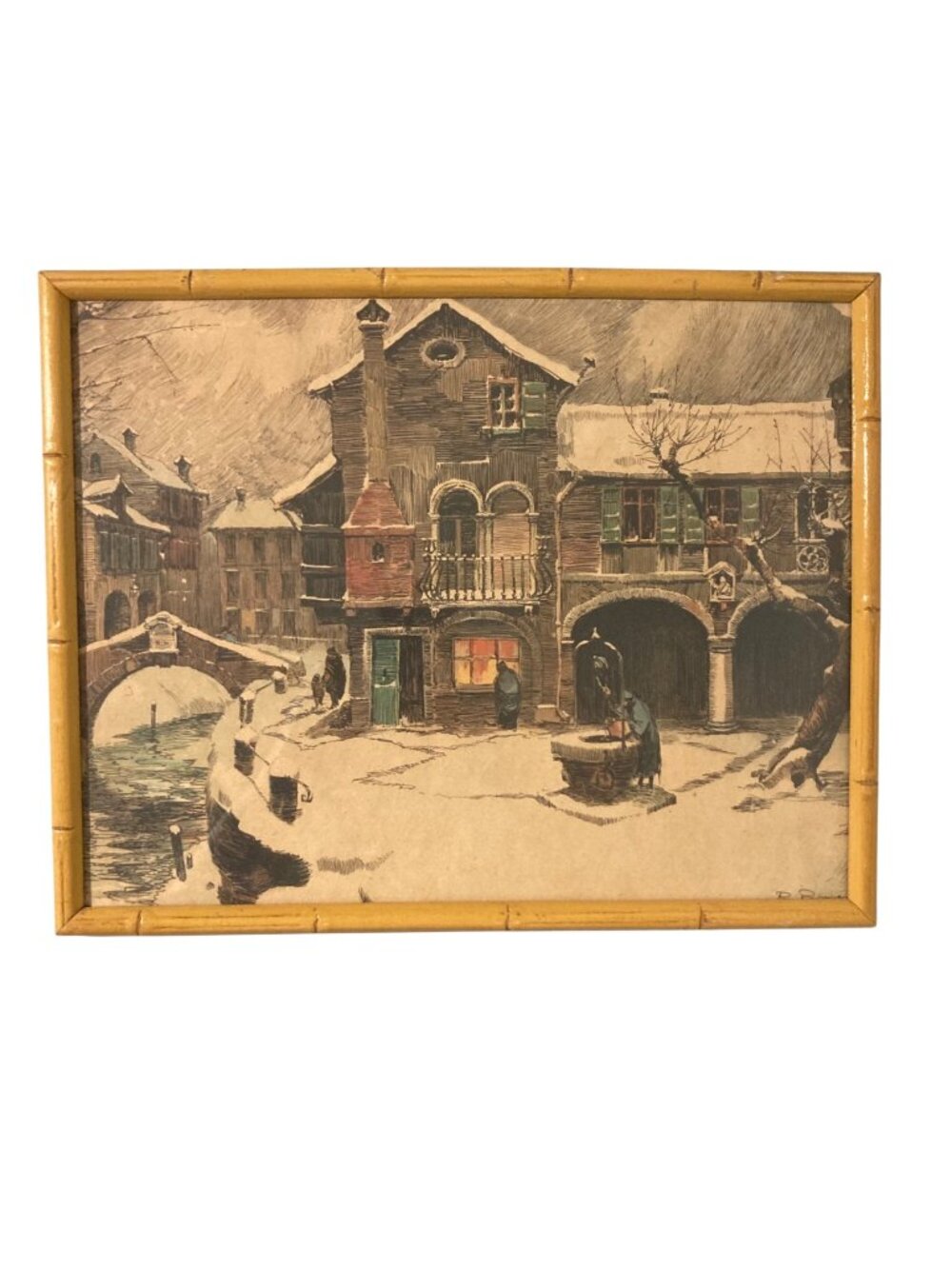 Vintage Winter Village Scene Print With Bamboo Style Frame
